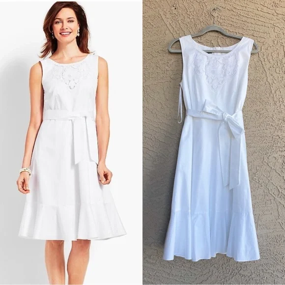 TALBOTS White Embroidered Sateen Fit & Flare Tie Belted Midi Dress Sz 12 - Picture 9 of 14